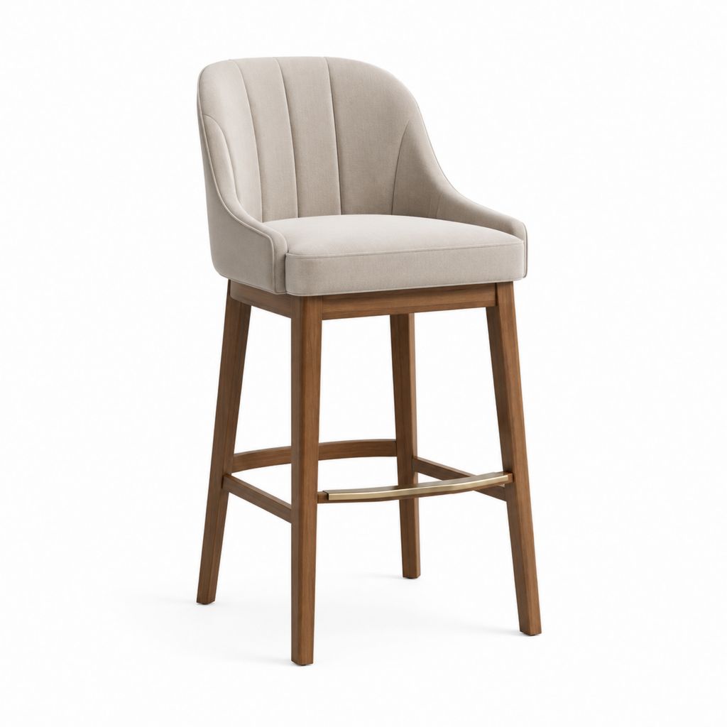 Sgabello da bar con braccioli beige in poliestere e legno massello di gomma 54 x 57 x 104 cm