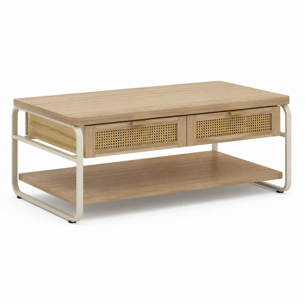 Tavolino da caffè rettangolare rovere e acciaio con 2 cassetti 100 x 55 x 45 cm