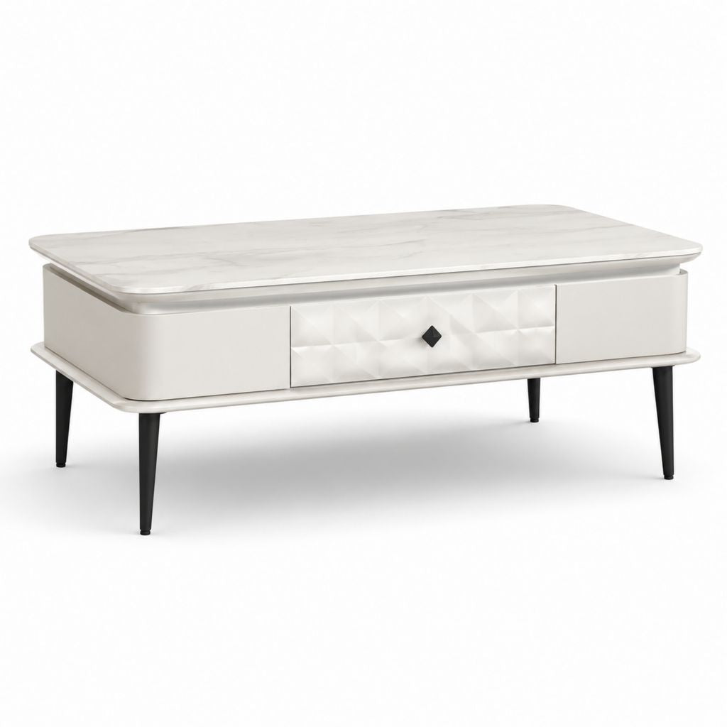 Tavolino da caffè rettangolare bianco effetto marmo con cassetto in MDF 120 x 60 x 45 cm