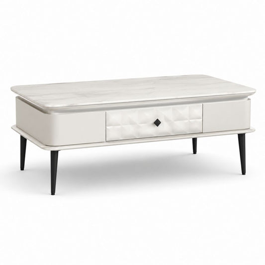 Tavolino da caffè rettangolare bianco effetto marmo con cassetto in MDF 120 x 60 x 45 cm