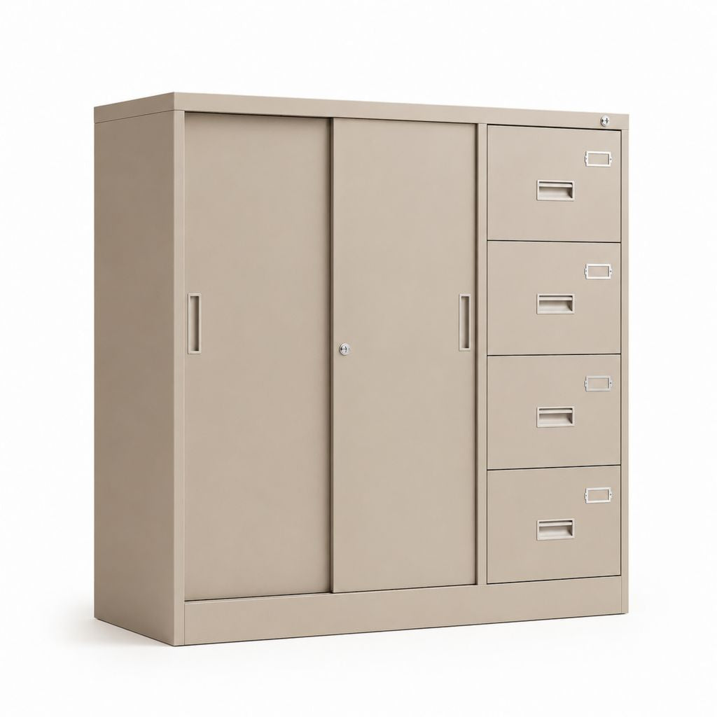 Armadio archivio da ufficio beige in acciaio con 2 ante scorrevoli e 4 cassetti 120 x 45 x 180 cm