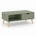 Tavolino da caffè rettangolare verde salvia in MDF e legno massello 100 x 50 x 45 cm con cassetto e vano a giorno