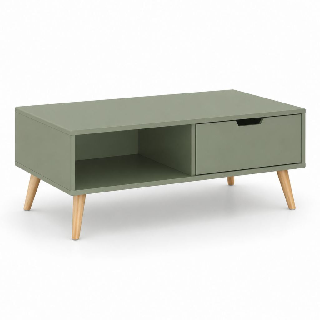 Tavolino da caffè rettangolare verde salvia in MDF e legno massello 100 x 50 x 45 cm con cassetto e vano a giorno