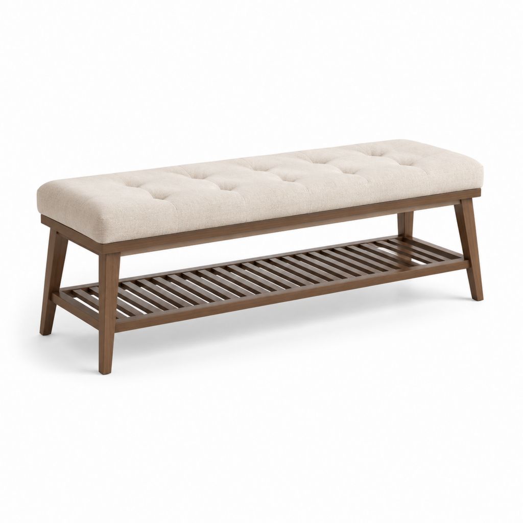Panca fondoletto imbottita beige con ripiano in legno massello noce rettangolare 120 x 40 x 45 cm