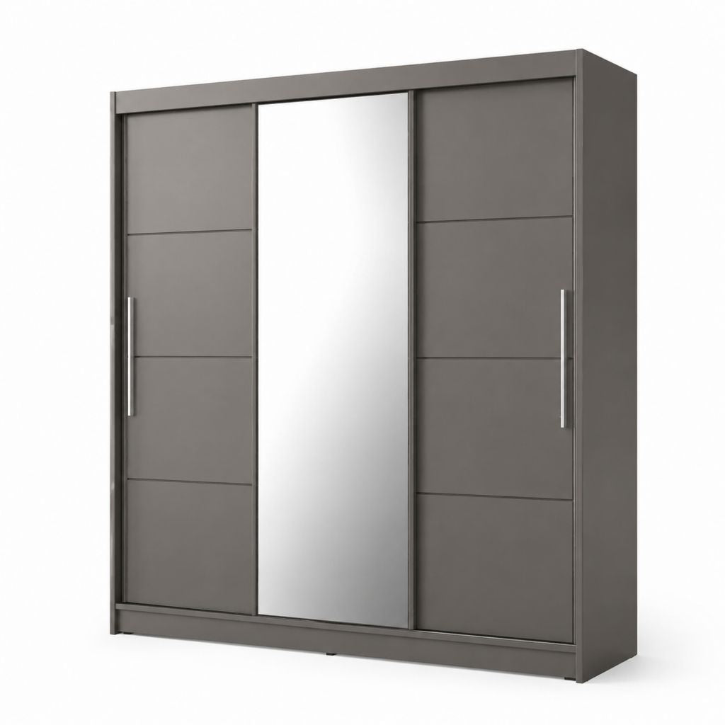 Armadio guardaroba 3 ante scorrevoli grigio con specchio in pannelli di particelle 180 x 60 x 200 cm