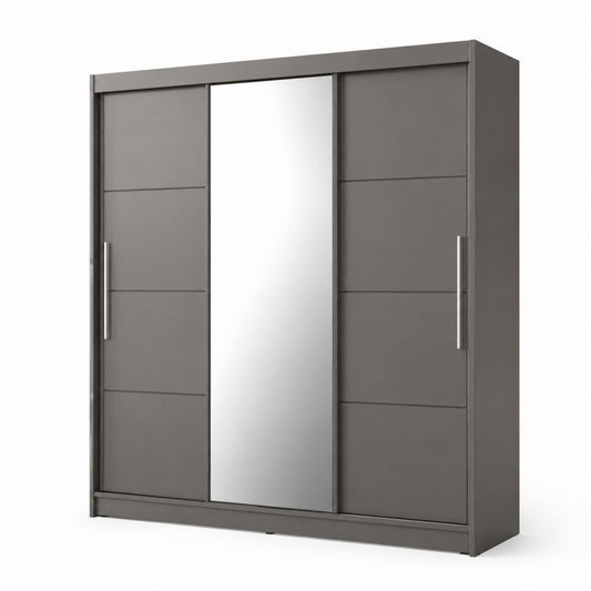 Armadio guardaroba 3 ante scorrevoli grigio con specchio in pannelli di particelle 180 x 60 x 200 cm