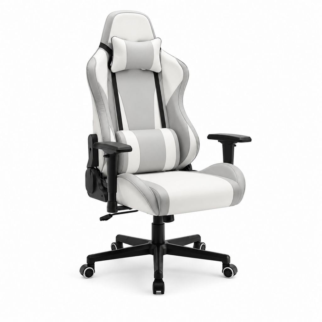 Sedia gaming reclinabile bianca e grigia in pelle PU con cuscini 66 x 66 x 124-134 cm