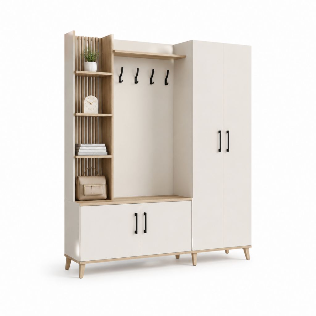 Armadio guardaroba con appendiabiti e ripiani bianco e rovere in MDF 160 x 40 x 200 cm