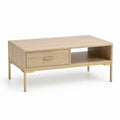 Tavolino da caffè rettangolare rovere chiaro MDF impiallacciato con cassetto e vano a giorno 100 x 60 x 45 cm