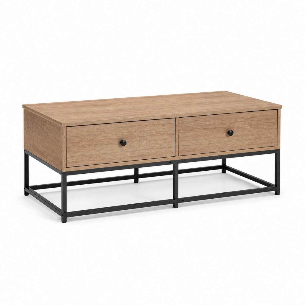 Tavolino da caffè rettangolare rovere e acciaio nero con 2 cassetti 100 x 50 x 45 cm