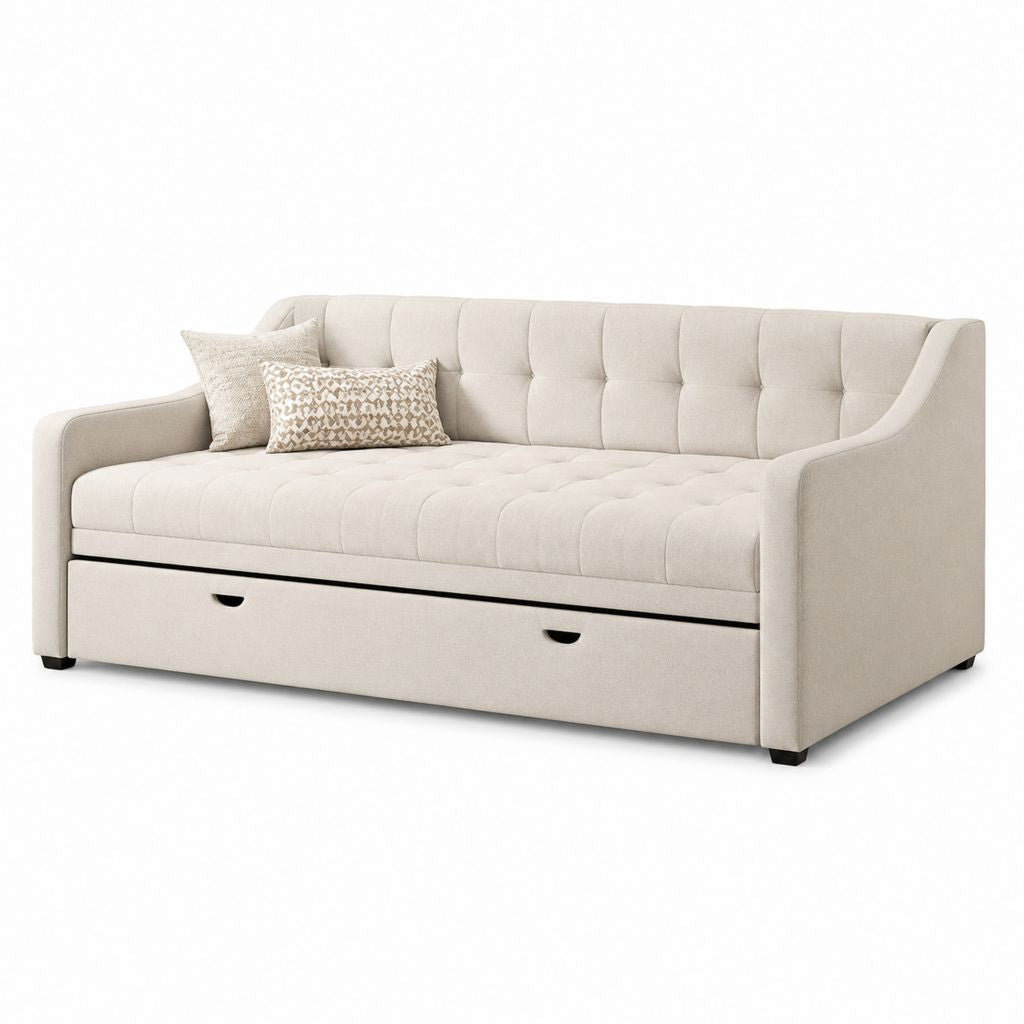 Divano letto beige in poliestere con letto estraibile 200 x 90 x 90 cm
