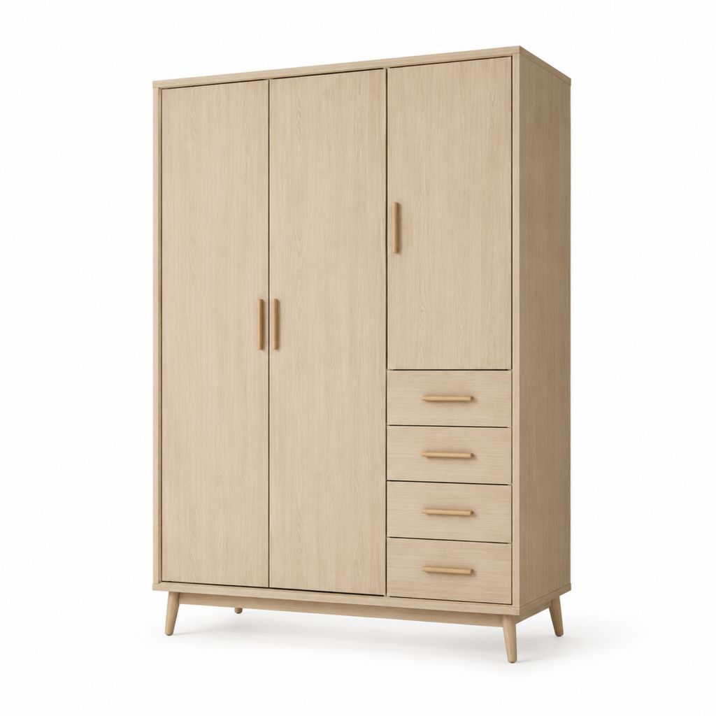 Armadio guardaroba rettangolare 3 ante 4 cassetti rovere chiaro in truciolare 120 x 55 x 200 cm