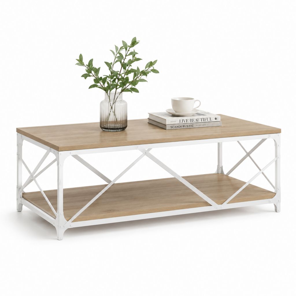 Tavolino da caffè rettangolare rovere chiaro e bianco in MDF e acciaio 110 x 55 x 45 cm
