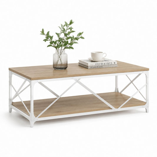 Tavolino da caffè rettangolare rovere chiaro e bianco in MDF e acciaio 110 x 55 x 45 cm