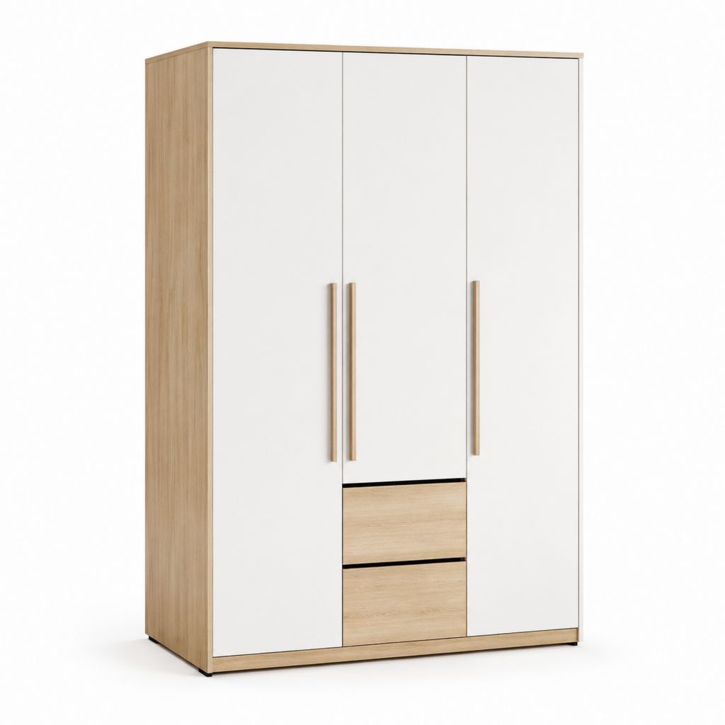 Armadio guardaroba 3 ante 2 cassetti bianco rovere in pannello truciolare rettangolare 120 x 52 x 200 cm