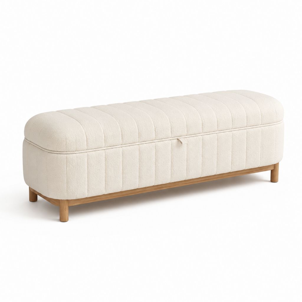 Panca fondoletto contenitore crema in poliestere bouclé rettangolare 120 x 40 x 45 cm