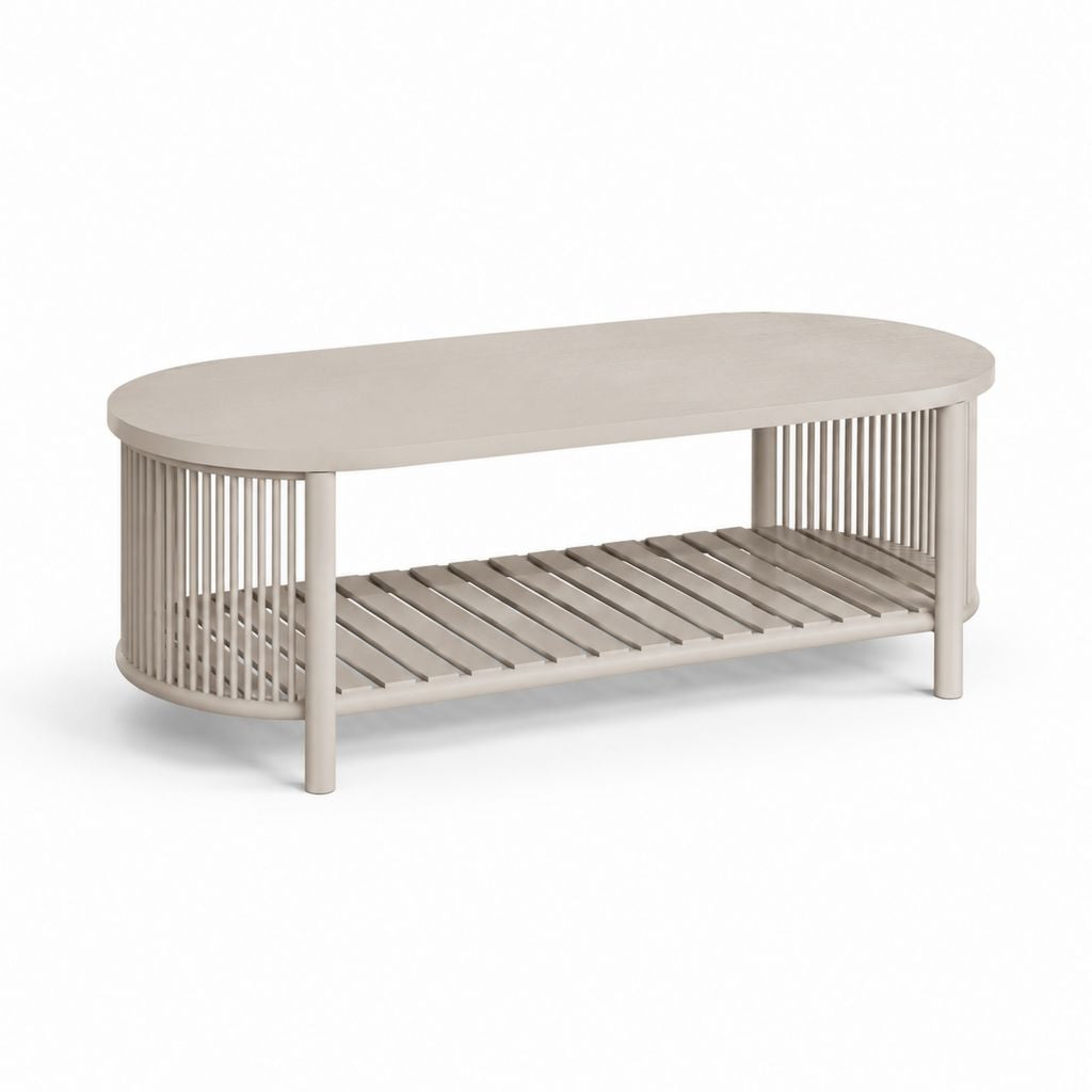 Tavolino da caffè ovale con ripiano inferiore beige in MDF e legno massello 120 x 60 x 45 cm